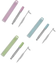 Lot of 3 Reusable Straws, Foldable Stainless Steel Straw w/Cleaning Brush & Case