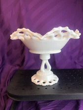Vintage Westmoreland White Milk Glass Pedestal Compote with Ruffled Lace Edge