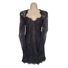 Bardot Aurora Sequin Lace Mini Dress Black Long Sleeve Party Dress Size 8 Large