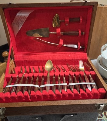 Kee Teck Jewelry Vintage 19 Pcs Brass & Bamboo Dessert Flatware Set (Thailand)