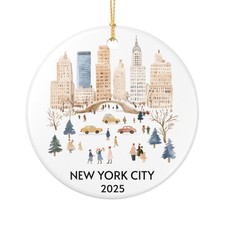 New York City Ceramic Ornament, Central Park Winter Scene, Custom Year