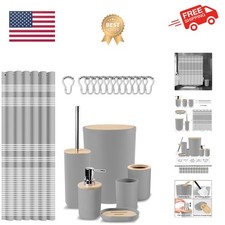 Bathroom Accessories Set, Grey Shower Curtain Set with Trash Can, Soap Dispen...