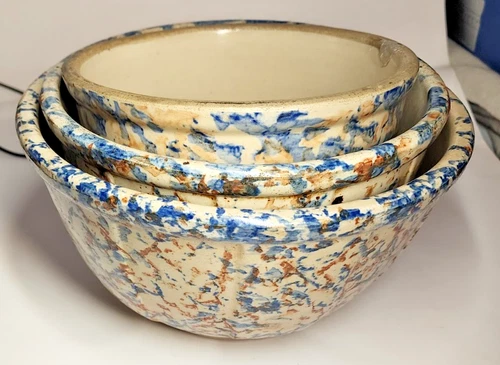 Circa 1920 Red Wing StoneWare Nesting Bowls Set of 3 Blue & Brown SpongeWare