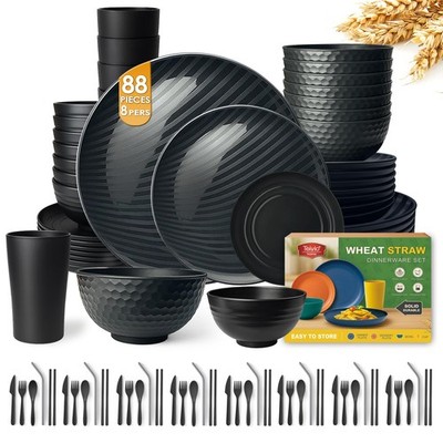 88-Piece With Flatware Kitchen Plastic Wheat Straw Dinnerware Set for 8, Dinn...