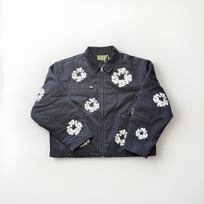 Denim Tears Cotton Wreath Logo Rhinestone Black Canvas Work Jacket