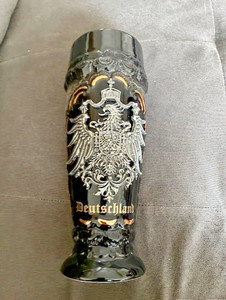 Vtg King German Beer Stein Glossy Black with Pewter Eagle Crest
