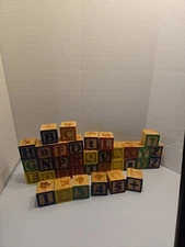 Lot Of 35 Wooden Building Wood Toy Blocks Alphabet Animals Numbers Pictures