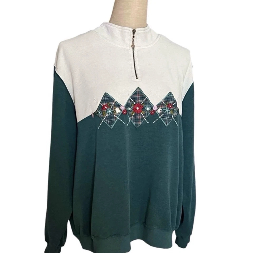 Vintage Womens Embroidered Flower Granny Cottage 1/4 Zip Sweatshirt Plaid Sz 2X - Image 4 of 4