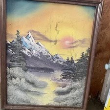 Vintage oil painting Mountain Lake View landscape 15.5x19” Original Signed Frame