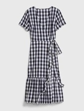 Brand New! Womens Gap Navy Blue Plaid Gingham Wrap Ruffle Midi Dress Size Medium
