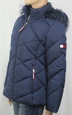 Tommy Hilfiger Navy Blue Faux Fur Quilted Jacket Front Zip Closure NWT