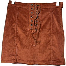 Forever 21 Mini Skirt XS 24 Western Cowgirl Brown Lace Up Faux Suede Boho Chic