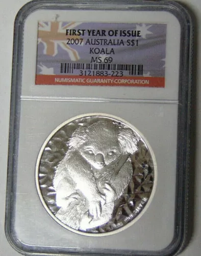 NGC MS69 2007 Australia Koala Silver Dollar .999 Fine Silver First Year of Issue
