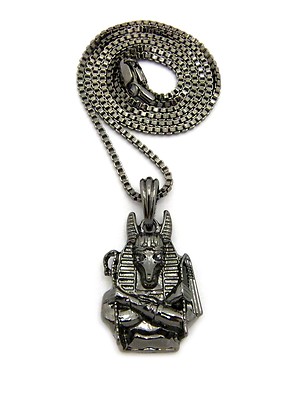 Egyptian Hematite Anubis Pendant 2mm 24'' Box Chain Hip Hop Necklace XSP520HEBX