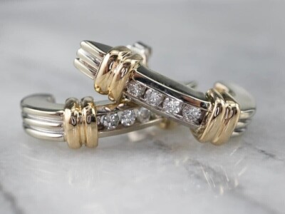 1.50 Ct Round Cut Real Moissanite J Bar Stud Earrings 14K Two-Tone Gold Plated