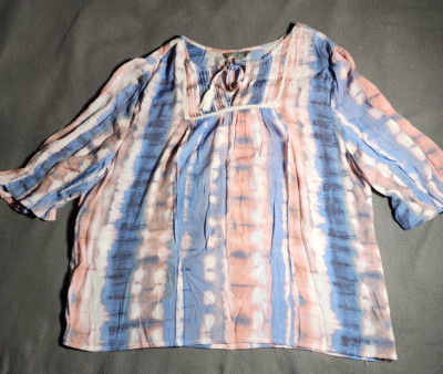 Sharagano Top Women XL Blue Red Tie Dye Long Sleeve Casual Round Neck Ribbon