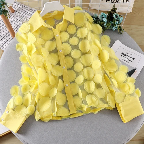 3D Women Mesh Chiffon Blouse Tops Puff Sleeve Sheer Polka Dot Shirt - Picture 17 of 23