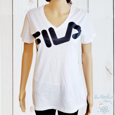 NWT FILA AUTHENTIC WOMEN WHITE BLACK GRAPHIC V NECK SHORT SLEEVE T-SHIRT SIZE S