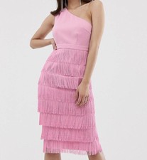 one shoulder fringe midi dress in pink