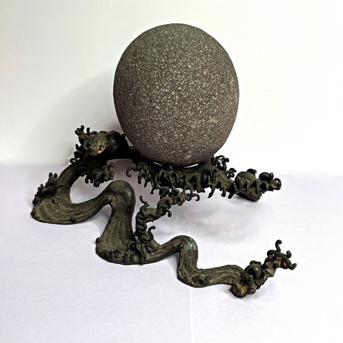 Japanese Bronze Sculpture Statue Meiji Antique Dragon Pearl Zen Wave Abstract Ja - Picture 2 of 7