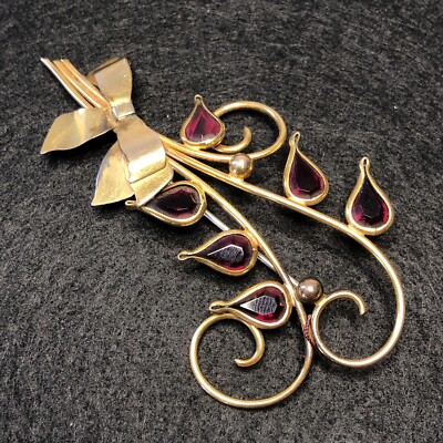 レザーフラワー 2色★【Hermes】 Fleur ブローチ Vintage 1/20 12K Gold Large Flower Pin Brooch Rhinestone