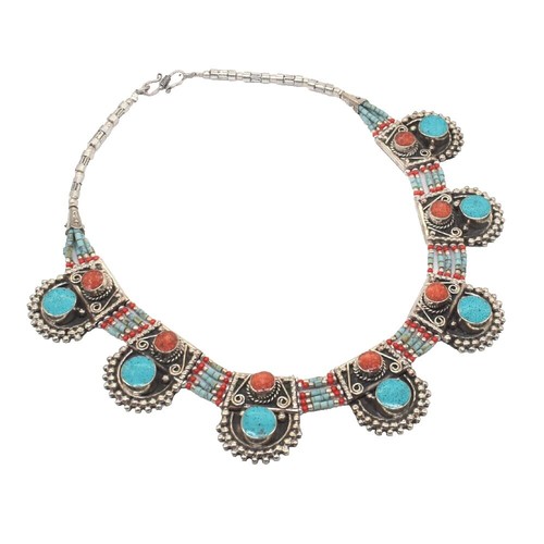 Collier Népalais Turquoise - 18 Pouces - Pierres Gravées, Plaqué Argent - Neuf Sans Emballage