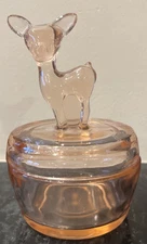 VINTAGE DEER Peach LUSTER CARNIVAL JEANETTE GLASS CANDY DISH Powder Jar 2 Piece