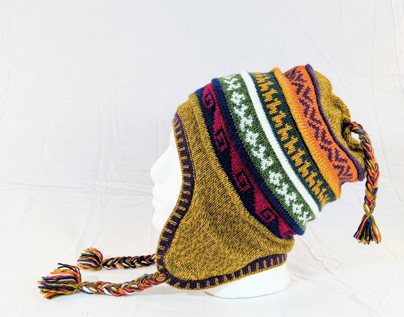 Soft Baby Alpaca Reversible Chullo Beanie Yellow Purple Unisex Colorful Boho
