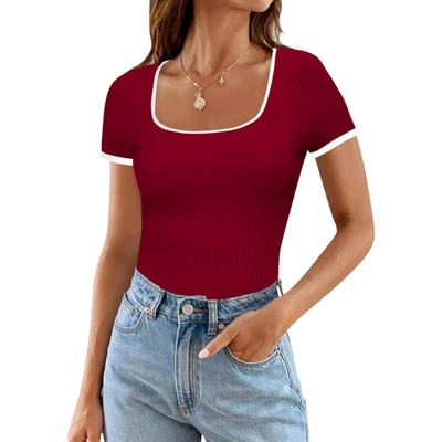 T-shirt pour femme à encolure carrée ajustée manches courtes rouge XL - Photo 1/4