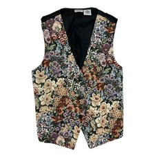 Vtg Floral Tapestry Vest Womens Small Back Tie Dark Cottage Grandmacore Boho