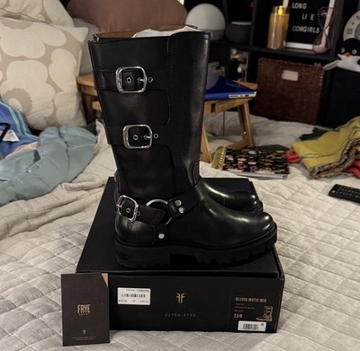 NWB Frye Olivia Moto Midi Size 7.5 Women's Black Leather Boot With harness