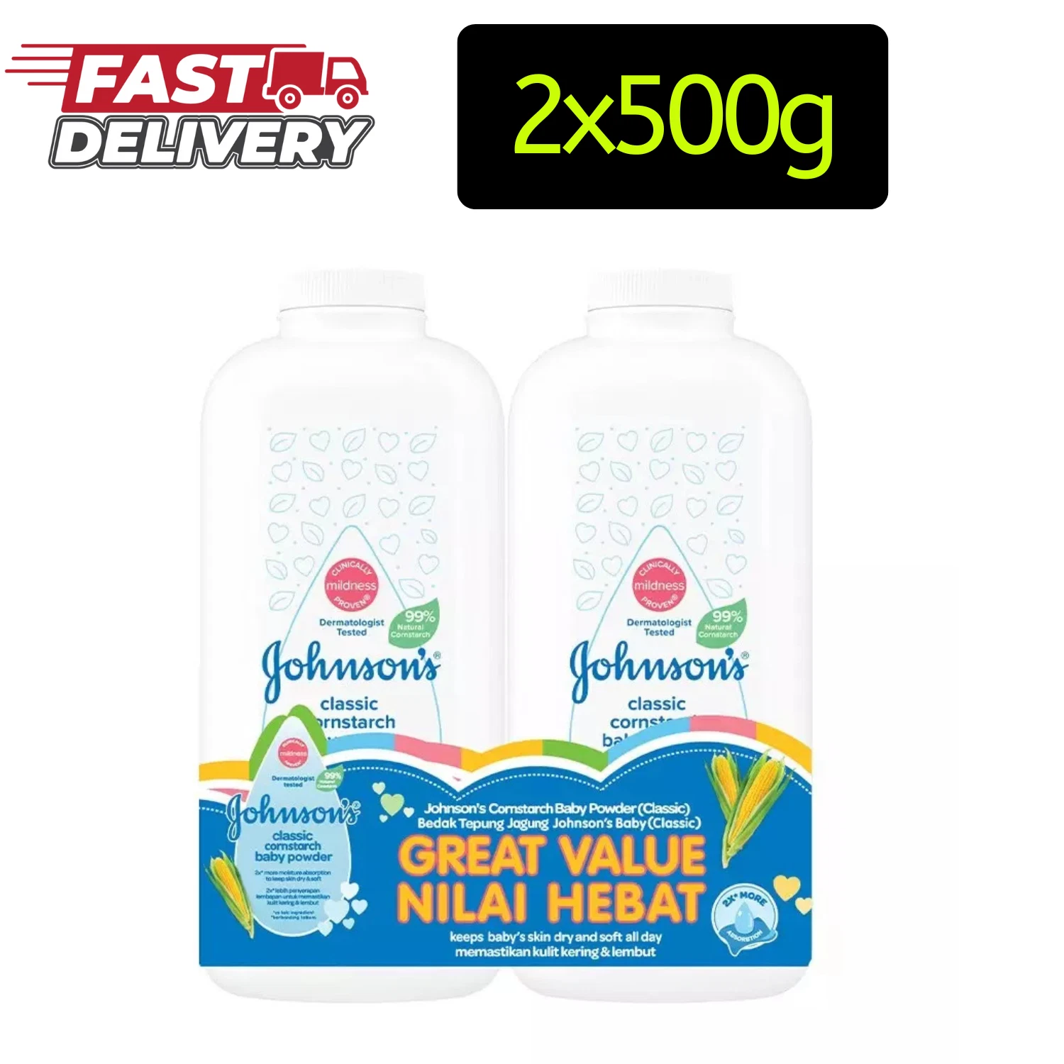 Johnson's Baby Powder Cornstarch TALC 500g / 17.6 oz (2 x 500g)- FAST SHIPPING