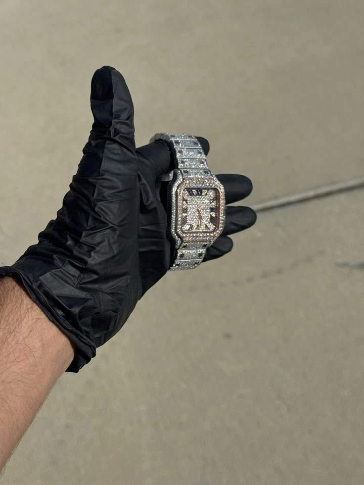 Reloj automático Moissanite Iced-Out 40 mm plata rosa acero inoxidable sin marca Foto 3 de 4