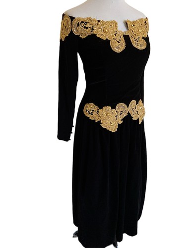 Jessica McClintock Black Velvet Dress Gold Glitter Sz 14 Queen Renaissance Long - Picture 4 of 11