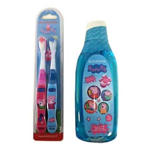 Pack de 2 ensembles de soins bucco-dentaires Peppa Pig - deux brosses + édition limitée rince-bouche à raisin - Photo 1 sur 4