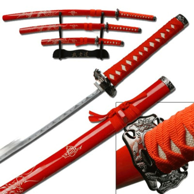 Engraved Flying Dragon 3 pcs sword Set - Red with stand
