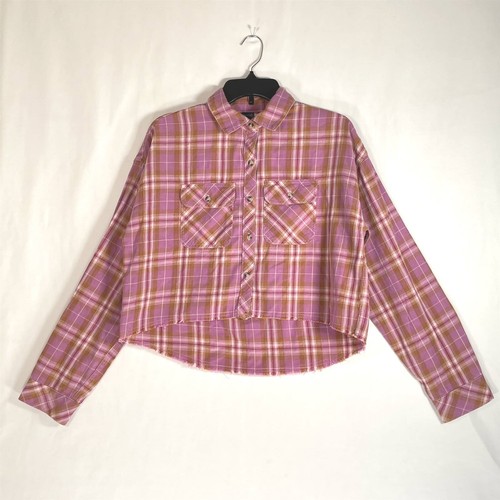 Wild Fable Cropped Shirt Womens Small Boxy Button-Up Raw Hem Purple Plaid