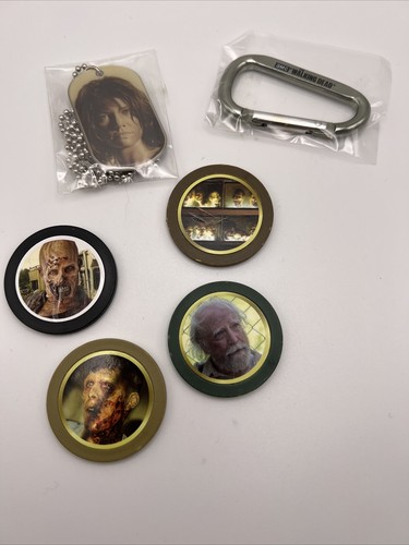 AMC Walking Dead Merch Lot 4 Pogs Maggie Dog Tag Necklace Carabiner 2014 Hershel