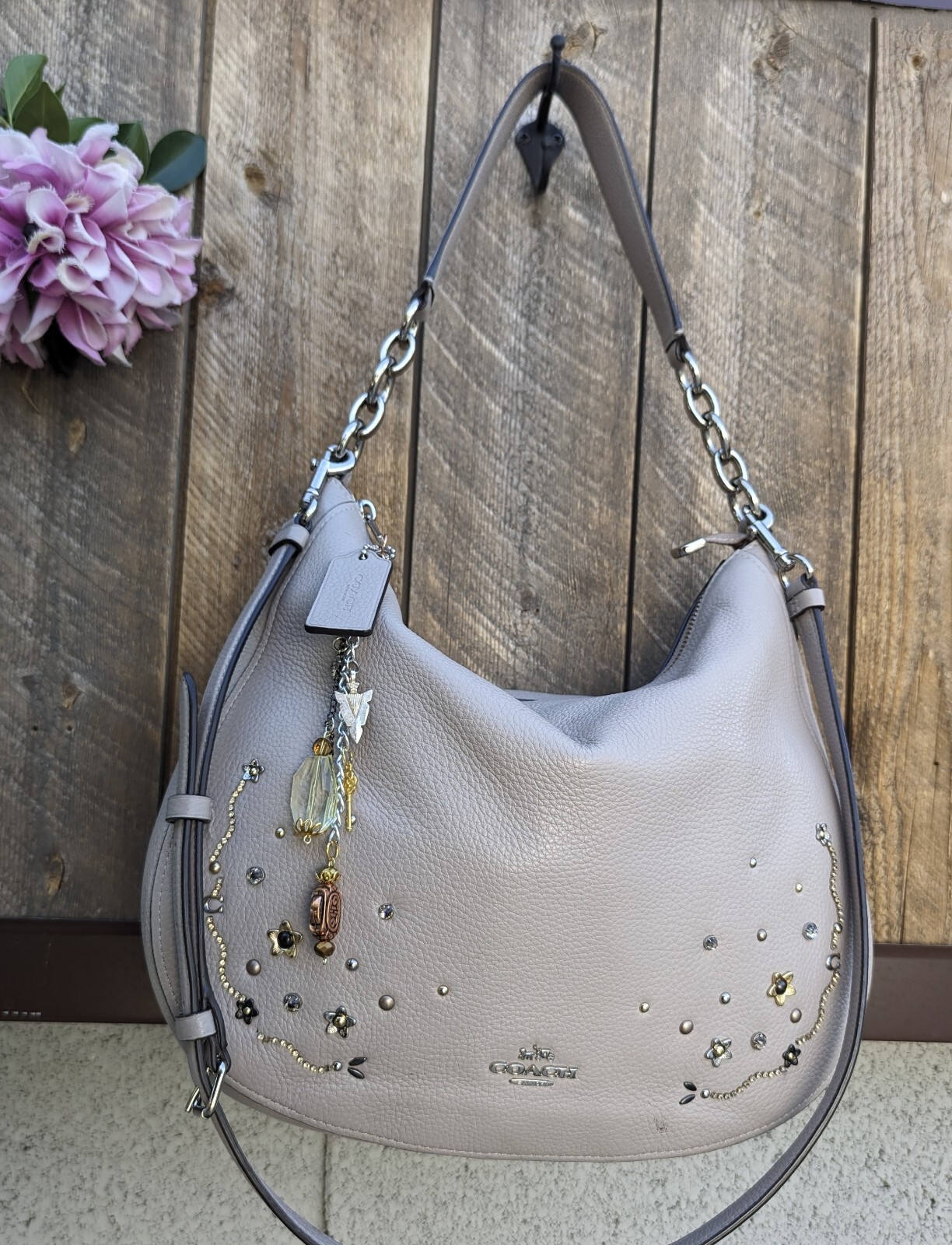 Coach 49127 Elle Stardust Crystal Stud Leather Shoulder Hobo Bag Purse