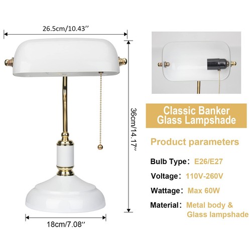 Bankerlampe Weiß Schreibtischlampe Vintage mit Messingfuß und Reißverschluss-... - Bild 2 von 6