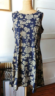 Robe d'été sans manche coton motifs floraux beige sur fond bleu nuit Taille M - Photo 1/4