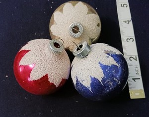 Vtg   3  2" Shiny Brite Frosted Tops  Red   Blue   And   Gold  Mica