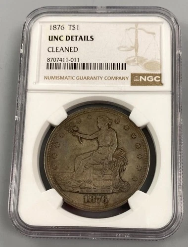 1876 US 90% Silver Trade $1 NGC UNC DETAILS CLEANED scarce L24065