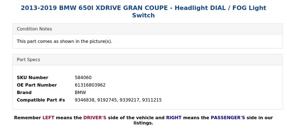 BMW 650I XDRIVE GRAN CUPÉ 2013-2019 - Interruptor de luz antiniebla/esfera de faros Foto 4 de 4