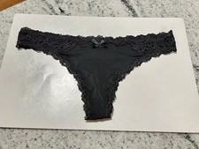 VTG Victoria's Secret Dream Angels S BLACK Silky Satin Lace Thong Panties SMALL