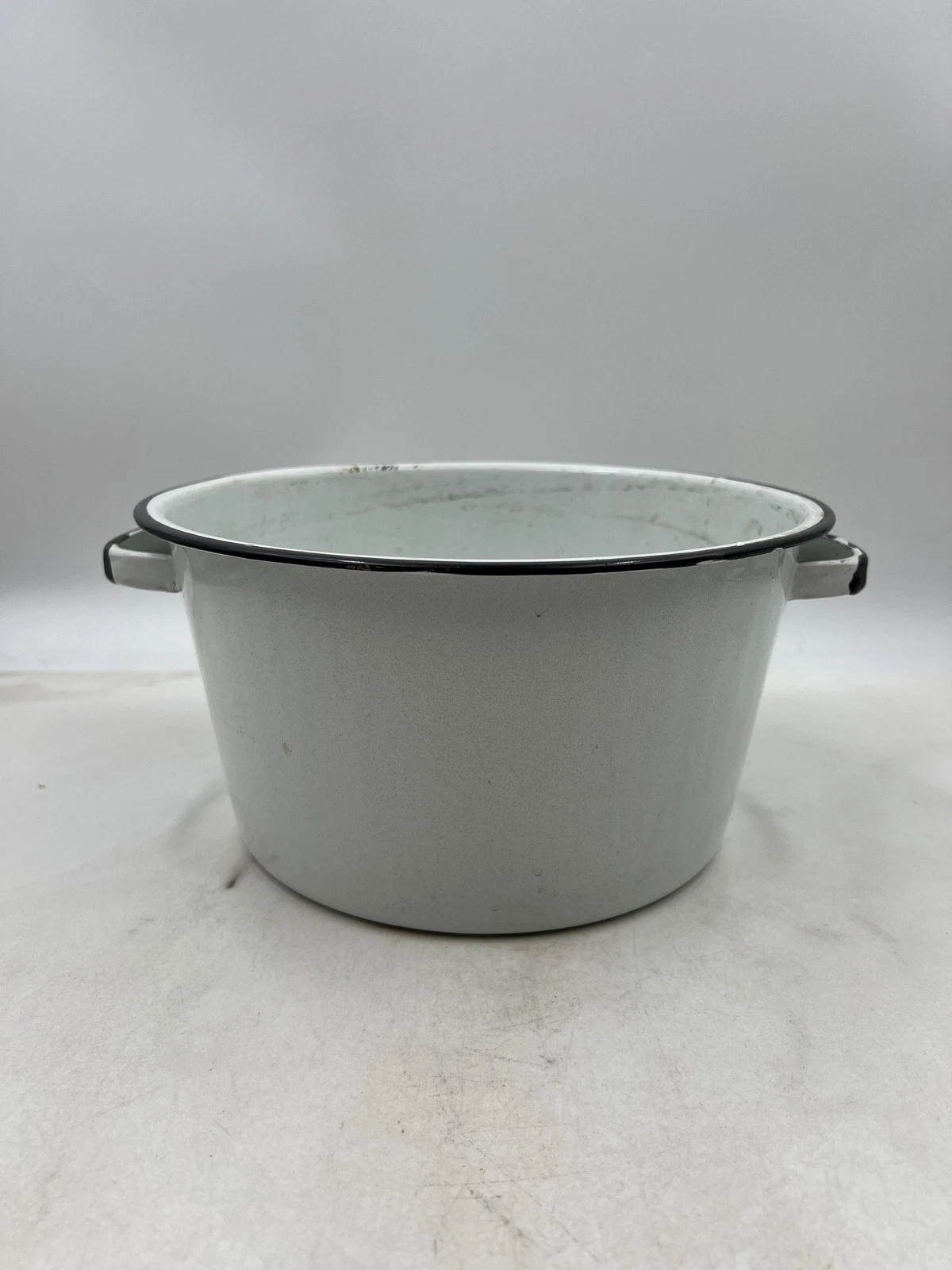 Vintage Enamelware Stock Pot Black Trim Handles 12in Diameter 6in Tall Retro