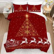 Christmas Comforter Set Golden Snowflake Tree Santa Sleigh Queen