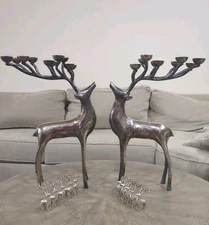 Lot Of 2 POTTERY BARN Silver Plate  REINDEER CANDELABRA 10 POINT Candle Holder 