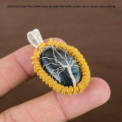 Oval Labradorite Gemstone Birthday Silver Plated And Wire Wrapped Pendant Copper