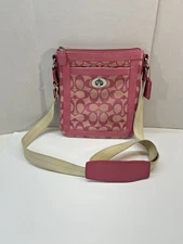 Coach Monogram Canvas Pink Crossbody Bag Y2K Style Turnlock Pouch Pocket